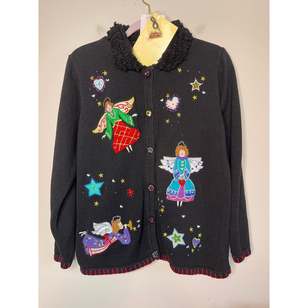 NWT 2000s Y2K Quacker Factory Christmas Angels Holiday Glam Sparkle Cardigan M